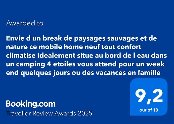 Envie d un break de paysages sauvages et de nature ce mobile home neuf tout confort climatise idealement situe au bord de l eau dans un camping 4 etoiles vous attend pour un week end quelques jours ou des vacances en famille